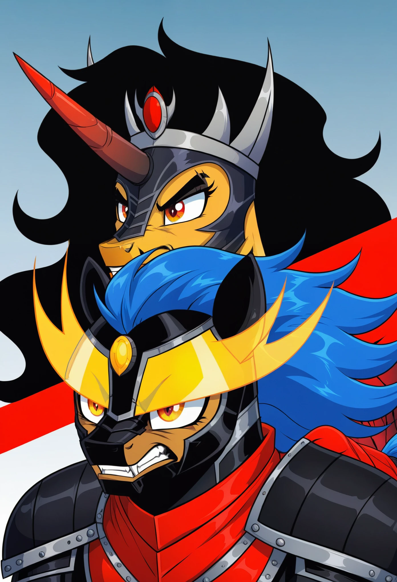 Pony yellow evil king sombra flash century with blue mane flash sombra angry Black knight armor costiumme