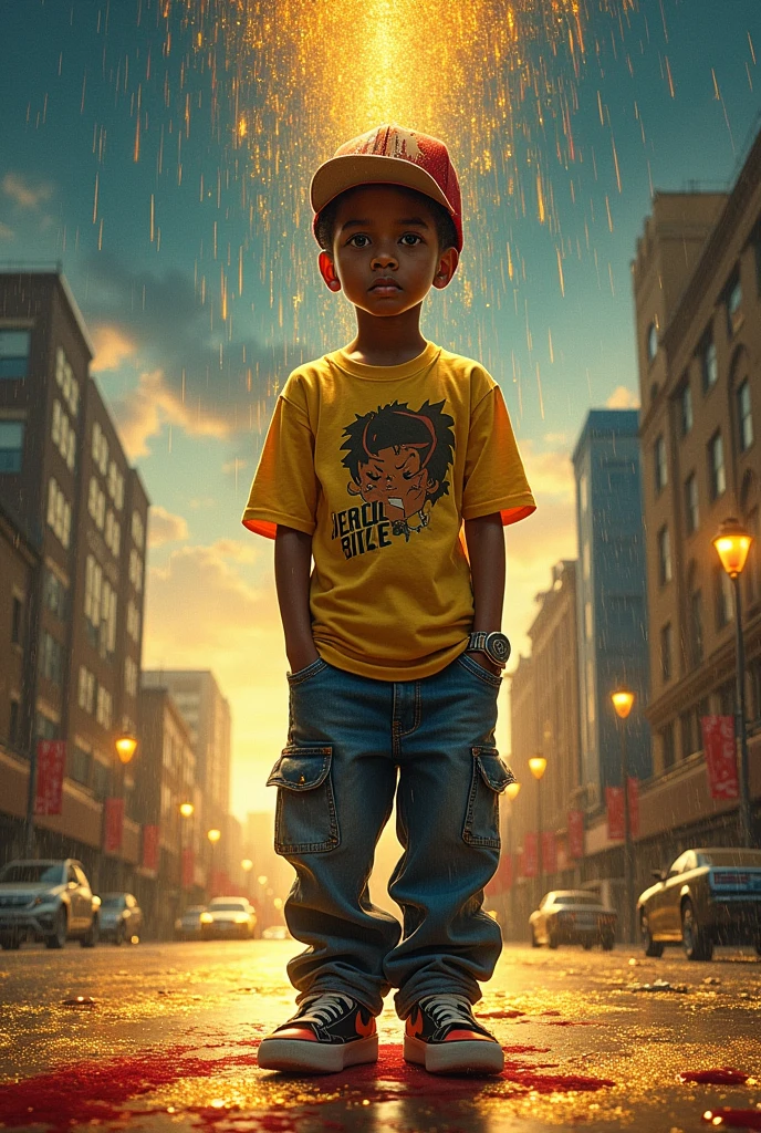 A male child is wearing rapper clothes who is crying silver tears , But it's on a beautiful street made of the finest gold , But the weather isn't good, it's raining diamonds with blood 🩸