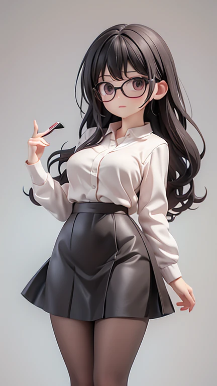30-year-old woman、female teacher、Glasses、Black Hair,、Perm、Long Hair、Casual wear、Formal look、sweater、Dress shirt、Clothing patterns、Clothing Design、Tight skirt、whole body、 