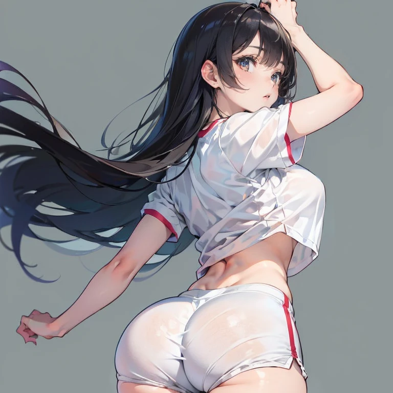 Anime Kawaii sexy Perfect Slim sensual body large breast and huge thighs, An intricate and highly detailed illustration of anime (Young girl). standing alone、high school girl、Caucasian skin、Make-up natural、Bblack hair、bangss、long straight hair、(((White short sleeve upper body t-shirt)))、(((Long, white workout clothes)))、(((Very tight bloomers)))、(((Marine Blooms)))、(((Tuck the bottom of your gym clothes into your shorts)))、breasts big、((big-ass))、(((School's yard)))、(((realistic fingers)))、(((realistic styling)))、((perfect figure))、(((vertical)))、(((rear view)))、(((Future Perspective)))