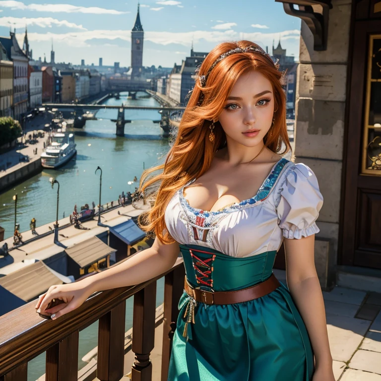 (masterpiece, best quality:1.5), highest quality, High resolution, super detailed, Realists, Bust portrait of a 22-year-old red-haired woman, detailed and beautiful eyes, beautiful detailed lips, very detailed eyes and face, longeyelashes, A 22-year-old woman in a shiny blue short dirndl made of satin, Beautiful and colorful makeup, elegant and noble々Pose, Hairband,, City as background, bright daylight, bright colors, fine brushstrokes, Portrait style, beautiful color palette, glowing skin, First-class rendering, that captures every detail, enchanting atmosphere, (perfect anatomy:1.2), (The stunning woman wears a dirndl. She stands and shows off her figure, (magnificent panorama view:1.2)