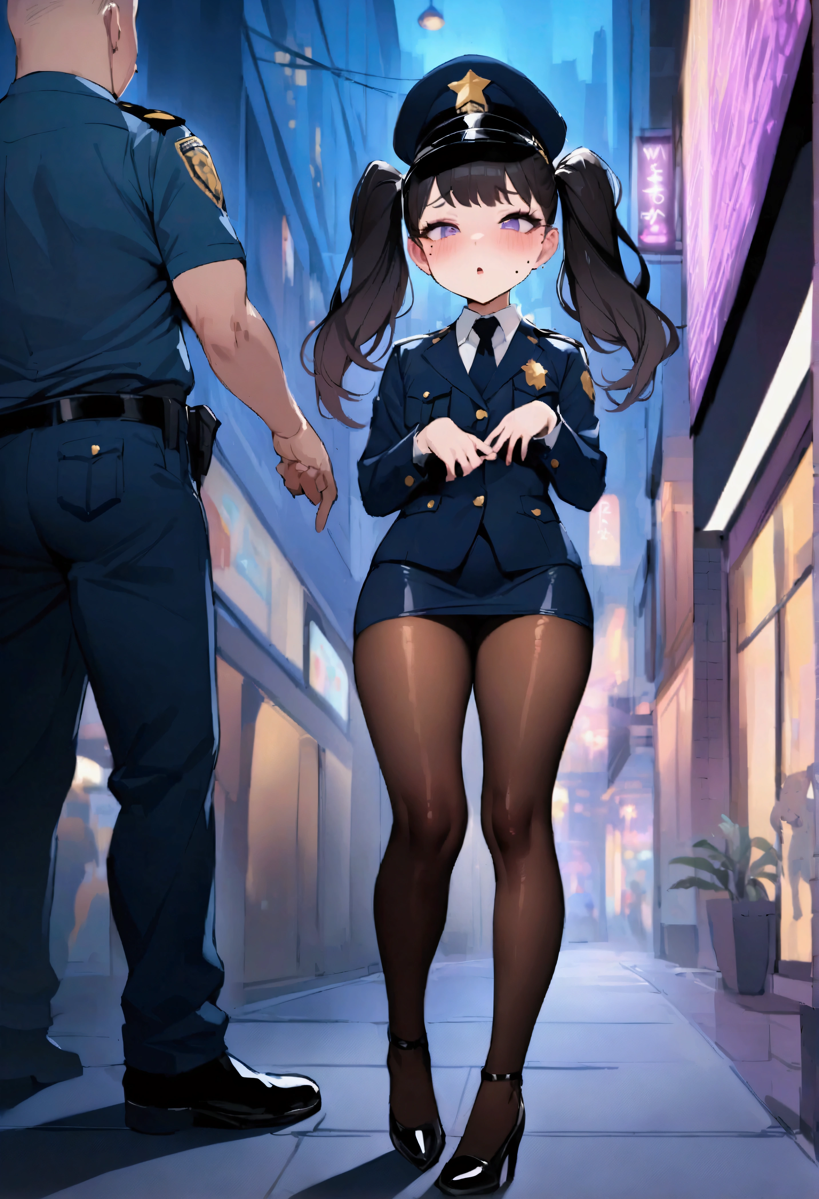 NSFW,masterpiece,Highest quality,High resolution,Very detailed,Baby-faced girl,Young face,Round face,mole,long hair,Twin tails,Short height,Police Officer,hat,mini skirt,Pencil Skirt,pantyhose,Heel,Nightlife,(Molester)