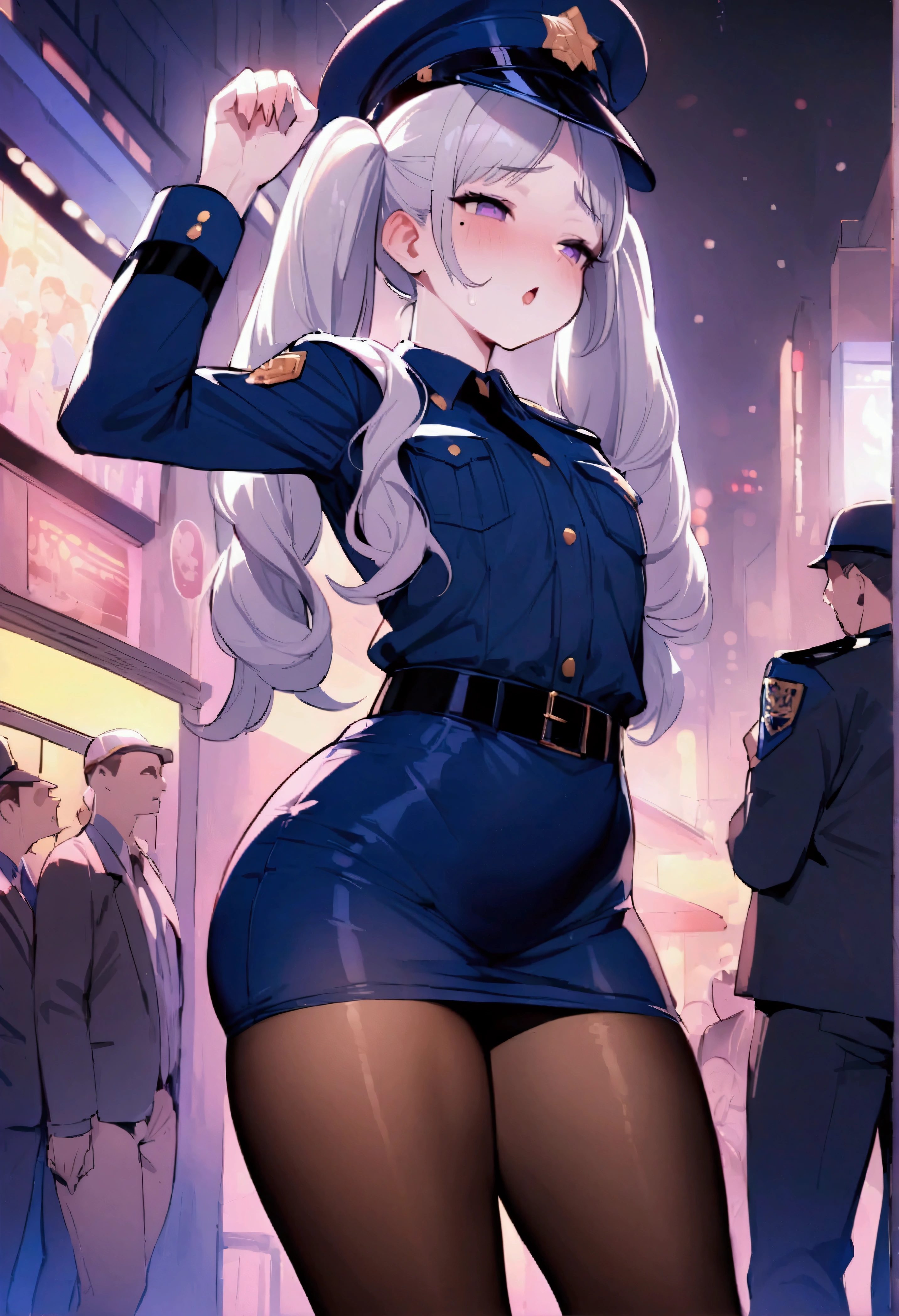 NSFW,masterpiece,Highest quality,High resolution,Very detailed,Baby-faced girl,Young face,Round face,mole,long hair,Twin tails,Short height,Police Officer,hat,mini skirt,Pencil Skirt,pantyhose,Heel,Nightlife,(Molester)