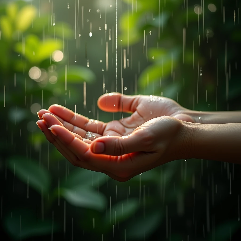 Close-up of Hands, The interaction between hands and rain, presents a picture of harmonious coexistence between humans and nature. Capture the connection between hands and nature using natural light and environmental background, RAW photo, color graded, dynamic movement, (captivating chiaroscuro:0.1), award-winning, cinematic still, emotional, vignette, dynamic, vivid, (masterpiece, best quality, photorealistic, Professional, perfect composition, very aesthetic, absurdres, ultra-detailed, intricate details:1.3)