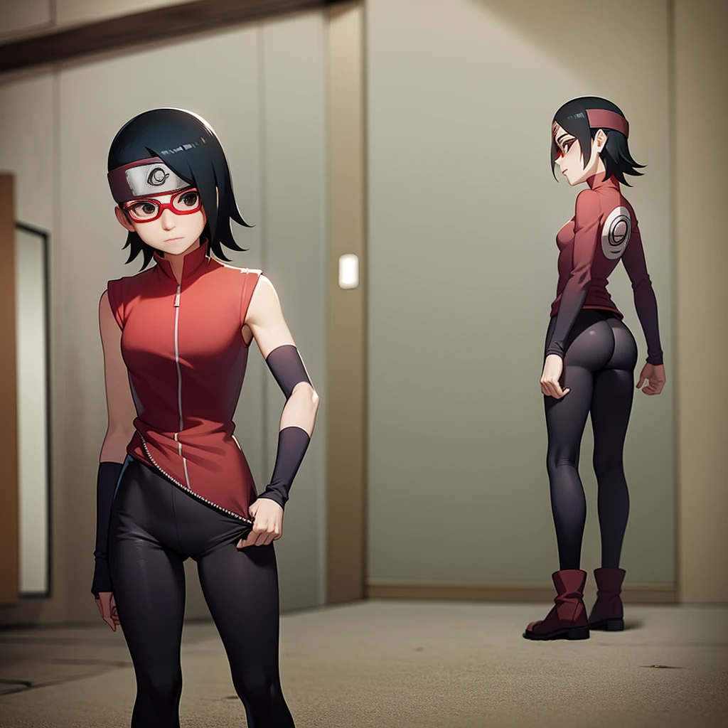 Sarada Uchiha, standing, back, tight black shorts, small ass, small breasts, short black hair, black eyes, forehead protector, bottom view, Sarada Uchiha looking at the viewer