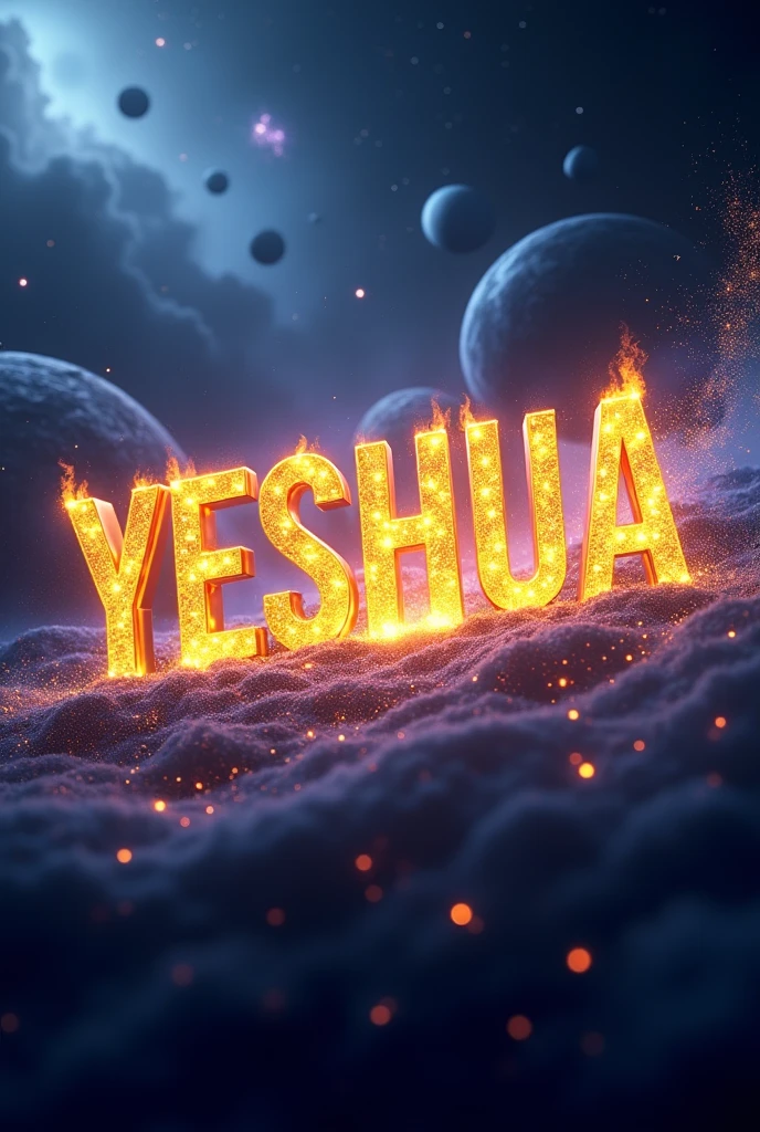 The word YESHUA in golden letters with light and fire in 3D with movement against a background of infinite space and planets and light in 3D
