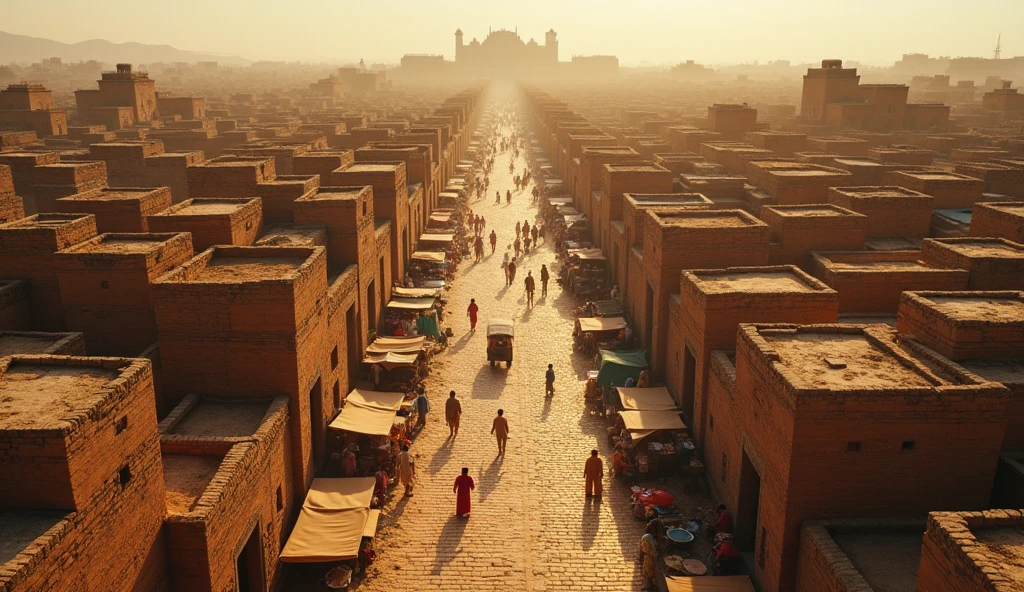 A cinematic overhead shot of the meticulously planned streets of Harappa, showing the grid layout, uniform brick houses, and advanced drainage systems. The camera sweeps down to street level, capturing bustling markets, people moving through the streets, and towering citadels in the distance."