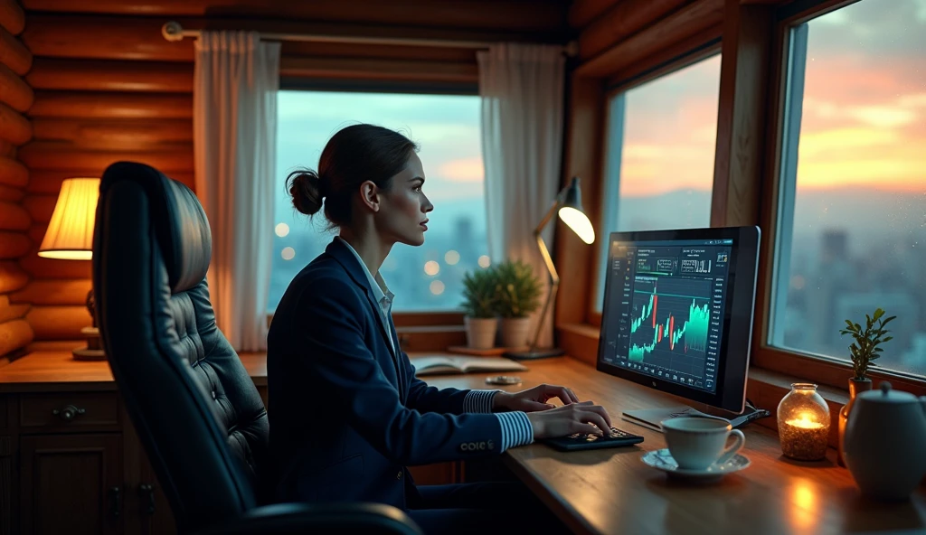 a raw cinematic scifi scene of a beautiful 30 year-old businesswoman, with an oval shaped face, brown bun hair, pale skin, detailed skin, detailed face, with an excited expression, wearing a dark blue business suit with an anchor logo on the chest, decorated with ship captain styled stripes on the cuffs, wearing a white shirt underneath, wearing a black tie, wearing a smart watch on her hand. She is sitting back in a black leather business styled chair with a high backrest. She is wearing a chair's seat belt looking like a car seat belt, with her two hands holding the steering wheel of the plane simulation AR game, motion blur. In front of her is a large wooden table. On the table is a large desktop screen that is on displaying a stock chart, a smart phone that is on displaying Google maps on a stand, a white cup of hot tea that is steaming strongly. there are some entrepreneur magazines, a small classic hourglass, a small antique compass on the table. There is a big wooden model sailboat on her side. She looked forward with hope and determination, sitting right next to the window on her left side, in a cozy, classic, wooden rustic log cabin, decorated in the style of plane cockpit, softly lit with interior lighting, on the wall hung an antique leather map and many antique clocks, antique compasses. The wooden window was half-drawn with white curtain, outside was a low-rise view of high-rise buildings in the pre-dawn hours. fairytale landscape, vibrant natural colors, fairytale-like setting, sense of wonder and adventure, Sony A7 III camera, Kodak Gold film, wide angle lens, f/1.8, photography techniques, capturing the ethereal beauty of the moment, A touch of starlight glitter and rainbow's adds magic to the composition, photo realistic, soft natural cinematic lighting, detailed with intricate details, side angle view
