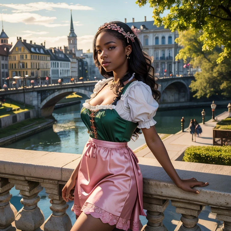 (​masterpiece, best quality:1.5), highest quality, High resolution, super detailed, Realists, Bust portrait of a 22-year-old Black woman, black skin, detailed and beautiful eyes, beautiful detailed lips, very detailed eyes and face, longeyelashes, A 22-year-old woman in a shiny short pink dirndl made of satin, Beautiful and colorful makeup, elegant and noble々Pose, Hairband,, City as background, bright daylight, bright colors, fine brushstrokes, Portrait style, beautiful color palette, glowing skin, First-class rendering, that captures every detail, enchanting atmosphere, (perfect anatomy:1.2), (The stunning woman wears a dirndl. She stands and shows off her figure,  (magnificent panorama view:1.2)