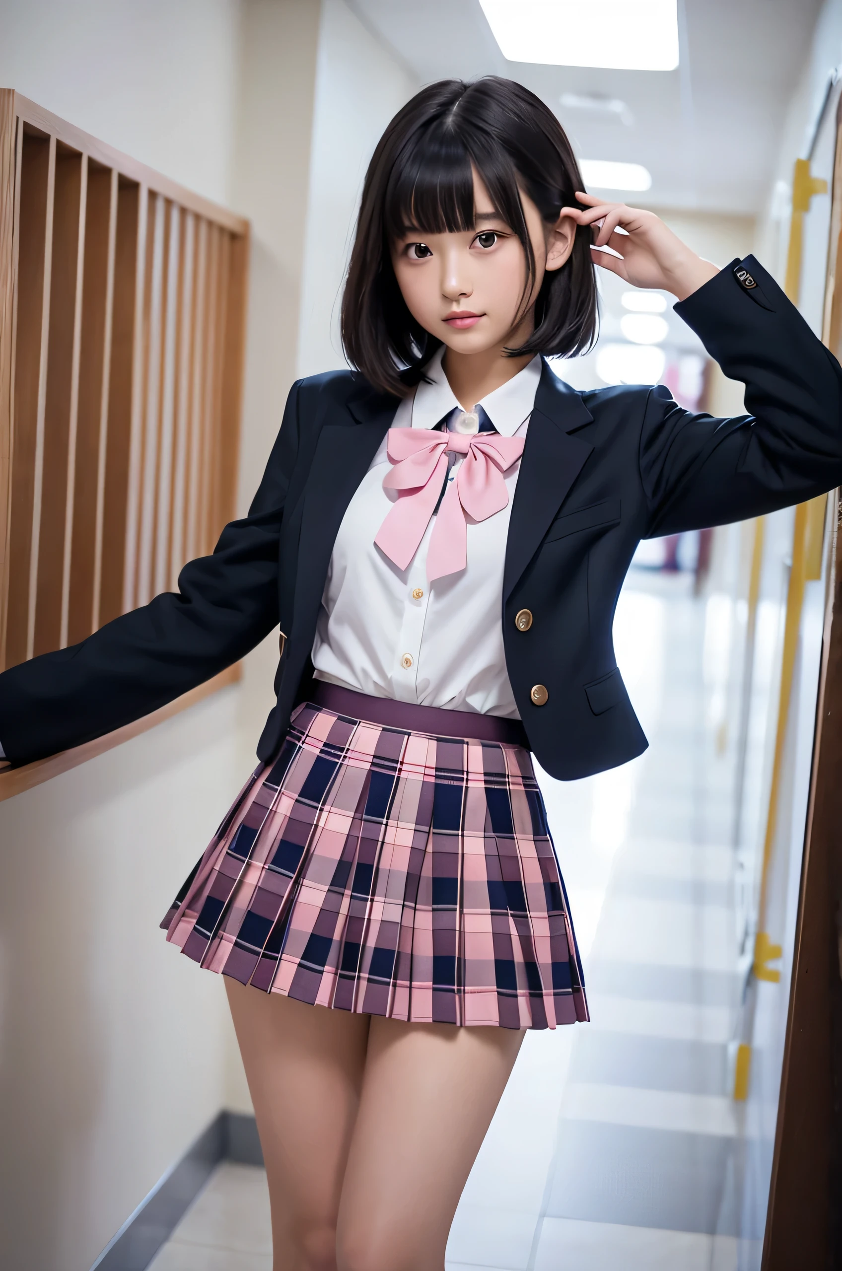 high school girl、whole body、Beautiful feet、mini skirt、A black blazer、Bob Hair、Black Hair、Black loafers、Pleated skirt、Checkered Skirt、Blue Skirt、Navy blue short socks、Ribbon on neck、Pink bra、Pink panties、school uniform、Are standing、White blouse、Putting a shirt in a skirt、School Bags、Her skirt is flipped up