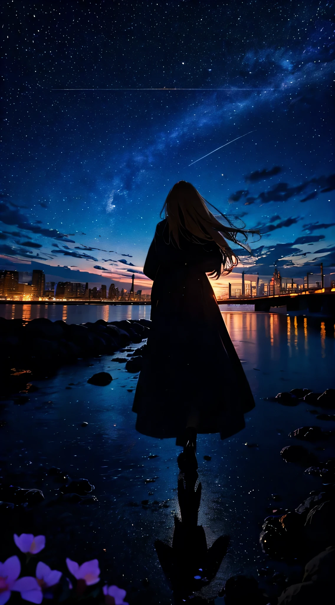 １people々々,Blonde long-haired girl，Long coat， Dress silhouette， rear view，Space sky, comet, animation style, Dancing petals，Night view of the town across the river from the beach，
