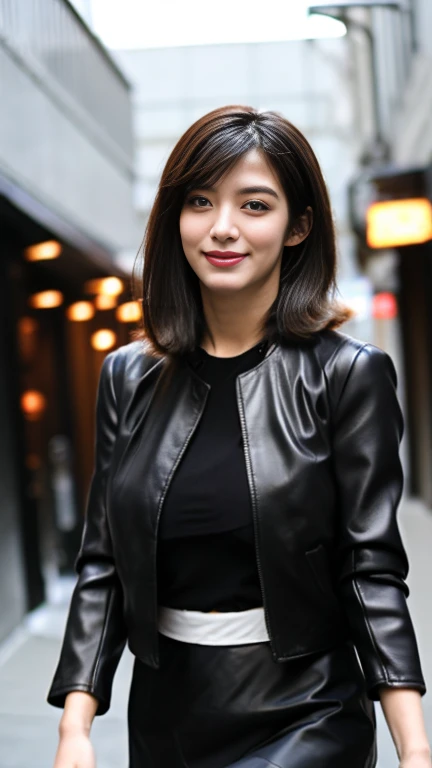 最high quality, 8k, Vibrant, Sharp focus, high quality, High resolution, Middle-aged women, Mature Woman, 55 years old, (Whole Body Ezbian), (High heels face detail, Highly detailed eyes, Plump figure、Plump face、((big 1.6))、(((Large Breasts)))、((Black leather clothing))、Busy Street、Random Hairstyles、A kind smile、Leather Fashion、leather jacket、Leather skirt、
