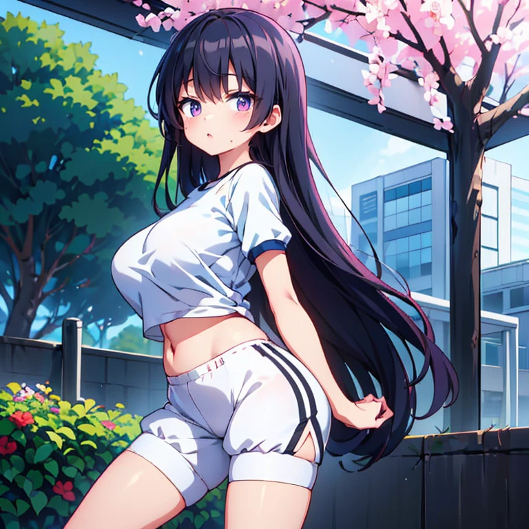 Anime Kawaii sexy Perfect Slim sensual body large breast and huge thighs, An intricate and highly detailed illustration of anime (Young girl). standing alone、high school girl、Caucasian skin、Make-up natural、Bblack hair、bangss、long straight hair、(((White short sleeve upper body t-shirt)))、(((Long, white workout clothes)))、(((Very tight bloomers)))、(((Marine Blooms)))、(((Tuck the bottom of your gym clothes into your shorts)))、breasts big、((big-ass))、(((School's yard)))、(((realistic fingers)))、(((realistic styling)))、((perfect figure))、(((vertical)))、(((rear view)))、(((Future Perspective)))