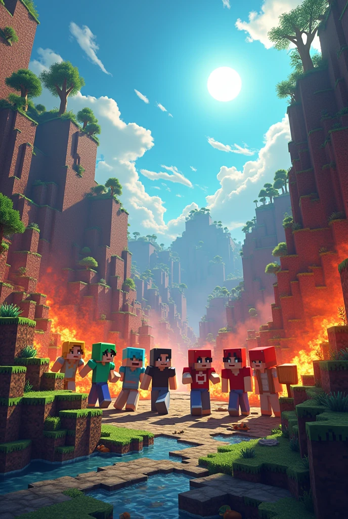 A Team Death Match arena with 4 teams indicated by red green blue yellow are face to face and angry ready to fight. On the top shining sun and nature is destroyed by war like minecraft.