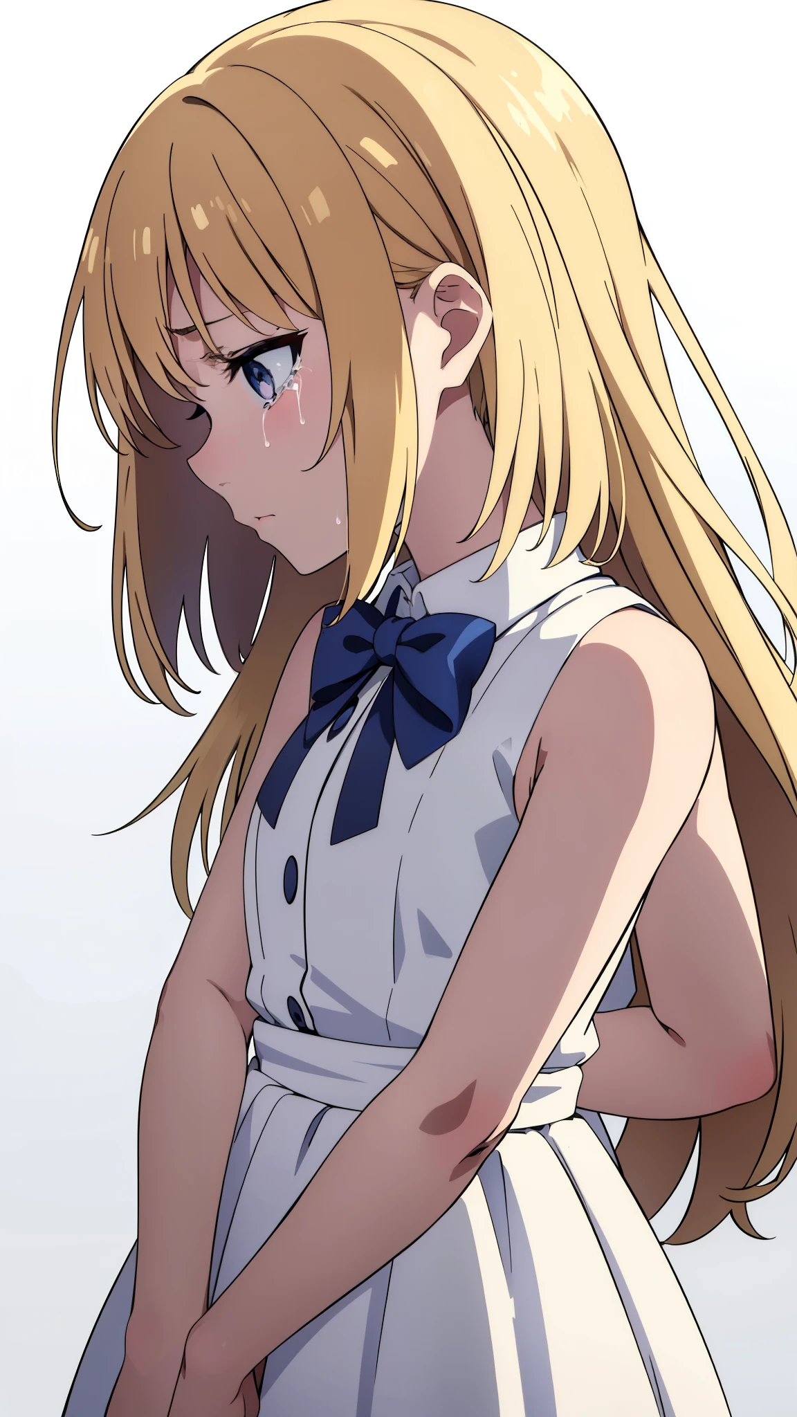 (1girl,),blonde hair,long hair,white dress, sleeveless, bow tie, bare shoulders,sad,crying,(white background,simple background),extra arms,four arms,profile
