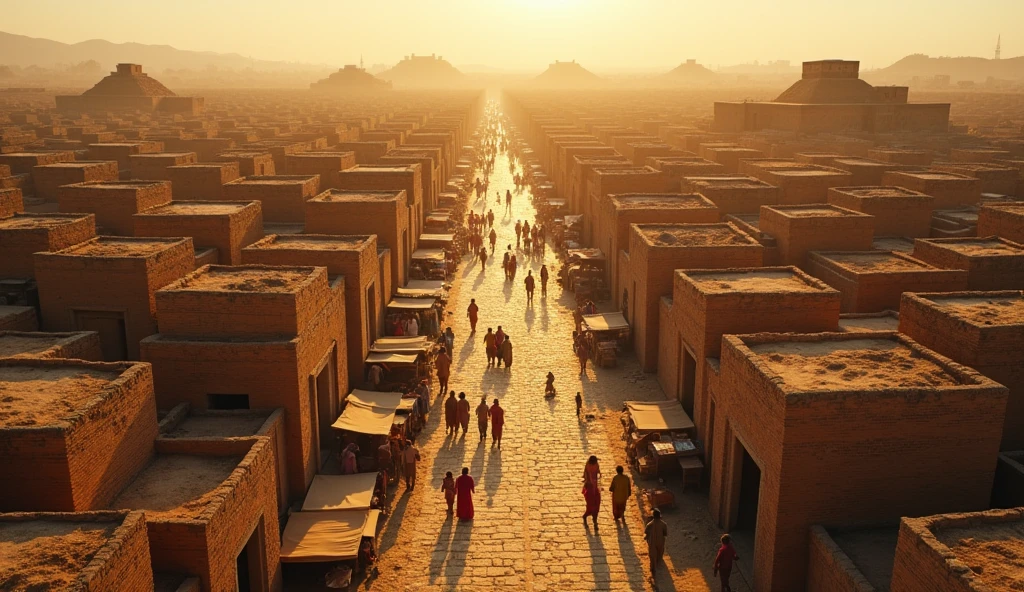 A cinematic overhead shot of the meticulously planned streets of Harappa, showing the grid layout, uniform brick houses, and advanced drainage systems. The camera sweeps down to street level, capturing bustling markets, people moving through the streets, and towering citadels in the distance."
