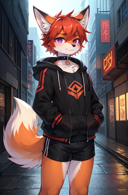  (Artist by zackary911, 8k, high quality, detailed eyes and fur, night, residents background), solo, male fox, anthro, red satured fur, red body, male body, purple eyes, black ears, red hair, short hair, hair cover eye, hands white, choker, eyeliner black, beige jacket, black shirt,Y Anime-style image of a boy standing in the street wearing a hoodie and shorts, Fox Man, Colorful Fox City, Anime Style 4k, Anime boy with orange hair, Fashionably dressed fursona, Anthropomorphic Cyberpunk Fox, artstation pixivでトレンド, On the city streets, Digital anime illustration, In anime style, by Yuumei