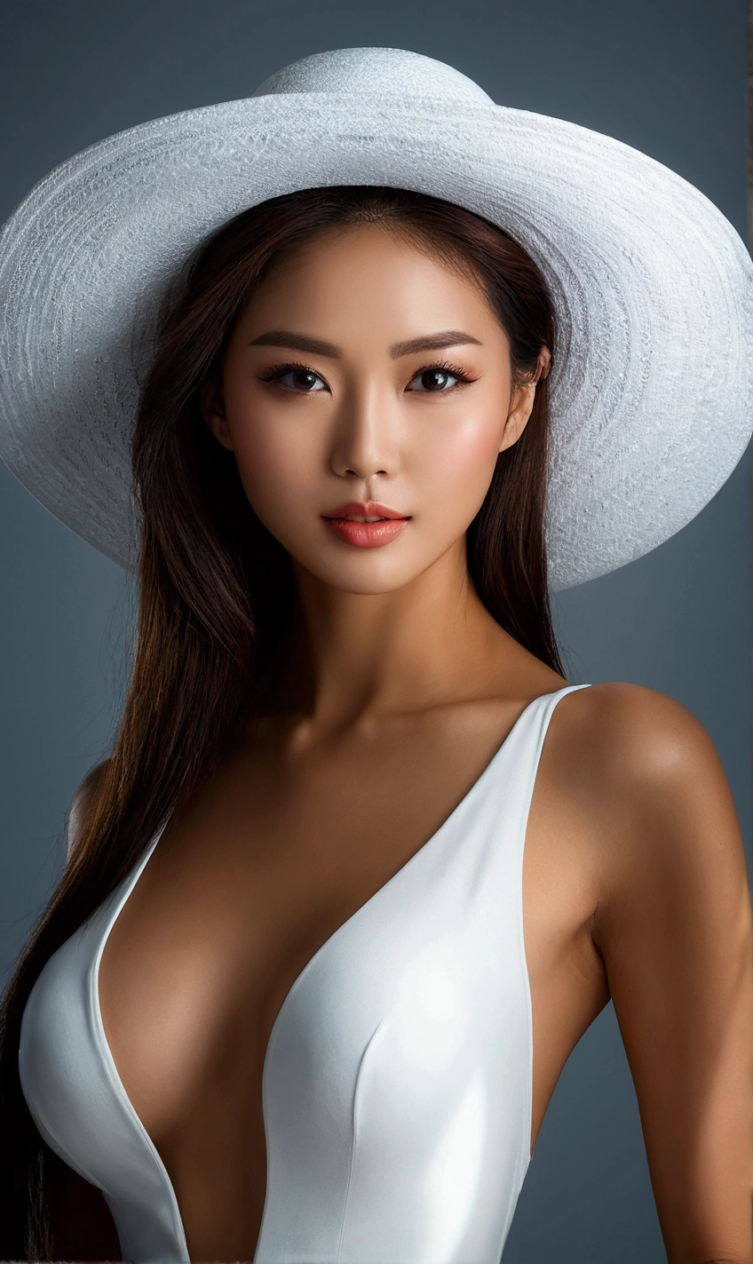 arafed woman in a white hat posing for a picture, a beautiful woman in white, perfect face and body, photo of a beautiful woman, beautiful female model, beautiful body and face, portrait of a beautiful model, face, beautiful detailed body and face, attractive face and body, beautiful precise face and body, model with attractive body, beautiful asian woman
