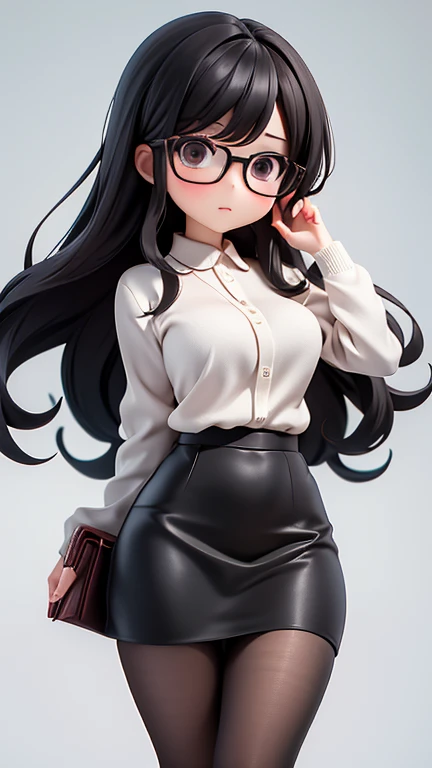 30-year-old woman、female teacher、Glasses、Black Hair,、Perm、Long Hair、Casual wear、Formal look、sweater、Dress shirt、Clothing patterns、Clothing Design、Tight skirt、whole body、
