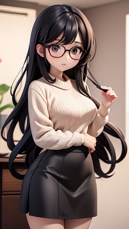 30-year-old woman、female teacher、Glasses、Black Hair,、Perm、Long Hair、Casual wear、Formal look、sweater、Dress shirt、Clothing patterns、Clothing Design、Tight skirt、whole body、
