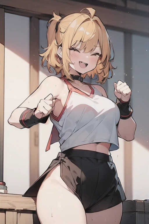 (1 Cute naughty martial artist:1.7), Pastel colors hair, (Excessively overwhelmingly gigantic huge breasts:1.7, Thighs:1.2, thick legs:1.2, curvy:1.2), yellow orange hair, (undercut:2.0, short two side up:1.4, medium hair:1.8), (naked:1.4), standard height, (blush:1.2, fang:1.2, ;d), at the adventurer's guild, A bulletin board with posted paper, fighting stance