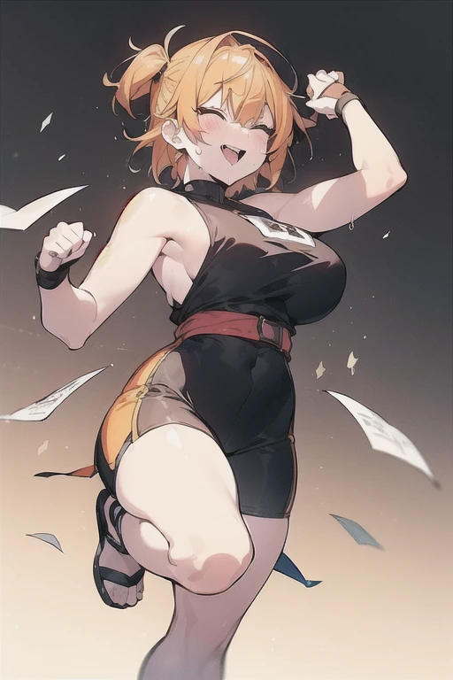 (1 Cute naughty martial artist:1.7), Pastel colors hair, (Excessively overwhelmingly gigantic huge breasts:1.7, Thighs:1.2, thick legs:1.2, curvy:1.2), yellow orange hair, (undercut:2.0, short two side up:1.4, medium hair:1.8), (naked:1.4), standard height, (blush:1.2, fang:1.2, ;d), at the adventurer's guild, A bulletin board with posted paper, fighting stance