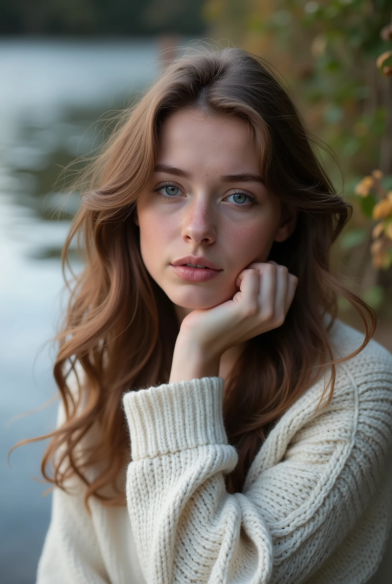 Jeune femme brune de 20 ans, yeus bleu, en photo portrait avec un arrière fond de rivière en flou en pull blanc, regarde en bas et main se tenant la tete