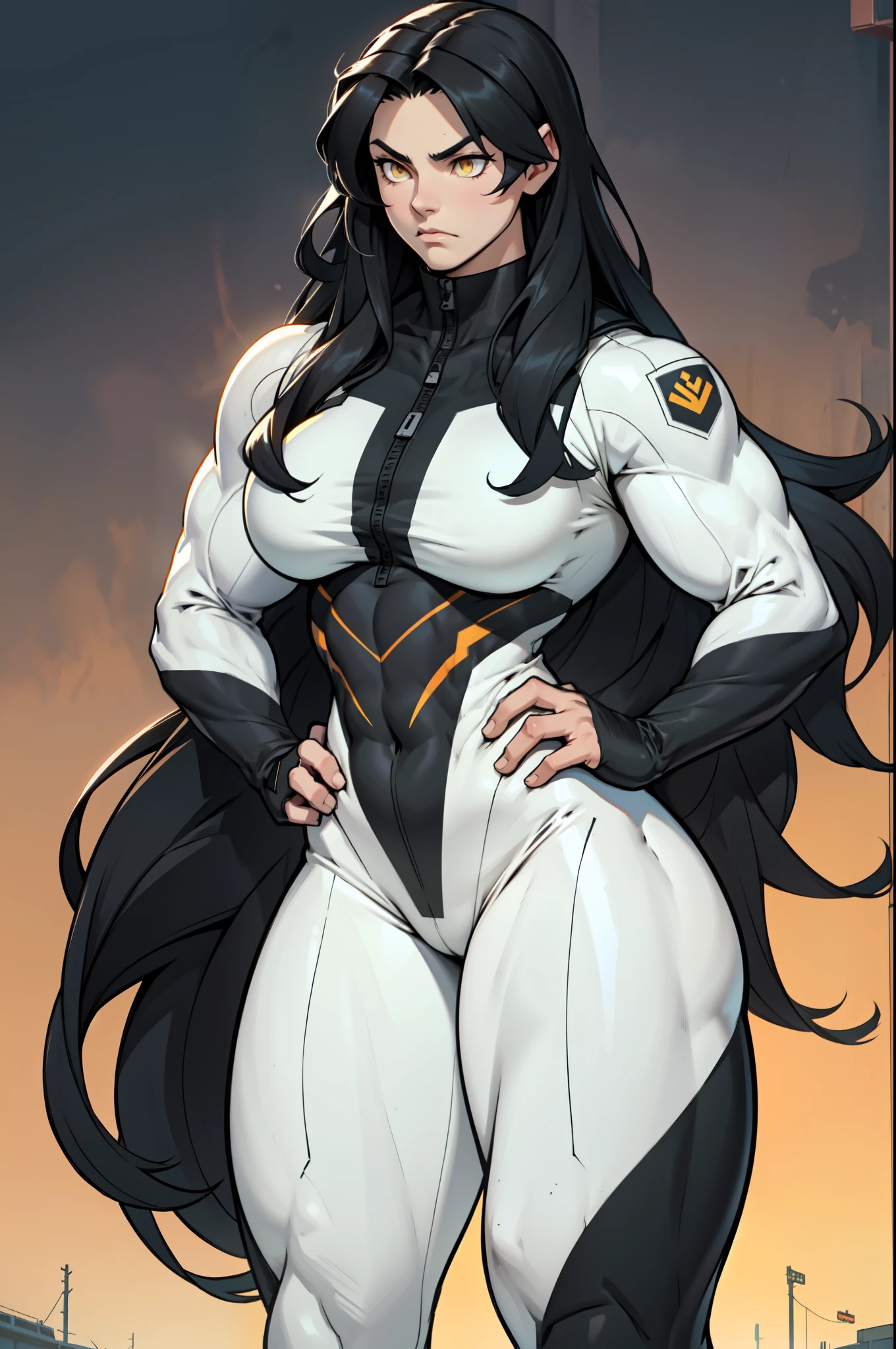 pale skin solo 1 girl black hair yellow eyes angry very long hair dark atmosphere (huge breasts bodybuilder toned body muscular) white skinsuit curvy thick thighs