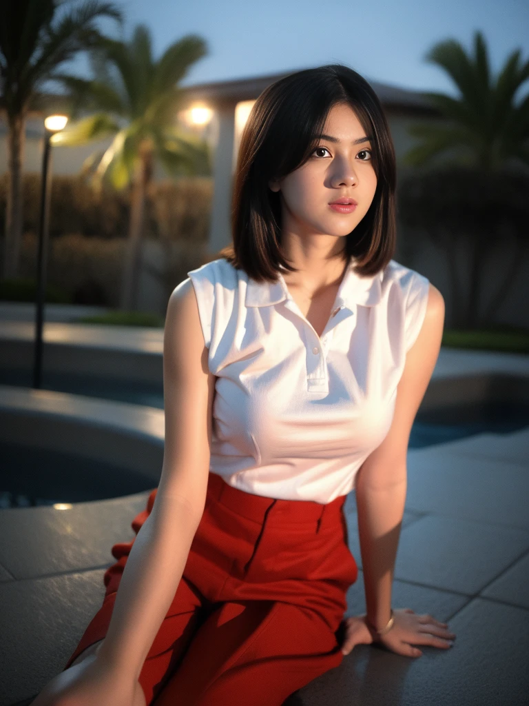 1girl, (uniform), standing, outdoors, night view, detailed Metropolitan city at the background, (above head shot: 1.4), detailed face, detailed eyes, brunette, big breasts, smooth realistic skin, semi-curvy body, wearing red tanktop and thin white hot pants, looking at the audience, (8k, RAW photo, best quality, masterpiece: 1.2), (realistic, realistic: 1.37), ultra-high resolution