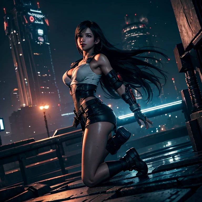  ((Master quality, 8K, masterpiece:1.3, ultra-detailed, high resolution, RAW Photos, detailed , blurry, Actual, hyper realistic, photo, HDR)), BREAK, perfect anatomy, perfect hands, perfect legs, perfect feet, detailed eyes, BREAK, One person alone, ff7r style, tifa lockhart,, beautiful face, beautiful detailed eyes, (dynamic posing ), long hair, ( Round and Stacked Breasts ), Cleavage, seductive  smile:1.5, Sweat-soaked skin, BREAK, wearing( ), , Graffiti art, BREAK, ( Random Angle, full-body, ), dynamic angle, , background(Realistic , cinematic lighting, depth of field, night , the full moon,, cyberpunk city atmosphere light particles, , )