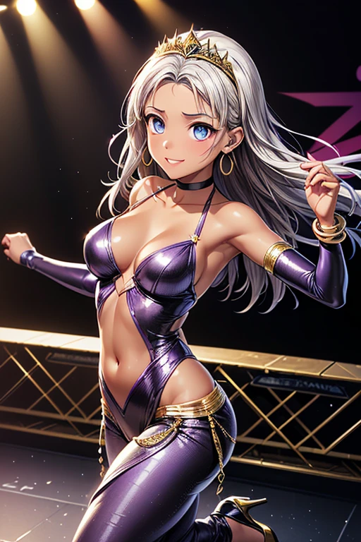 #Basic
A girl posing for a photo, (((One Girl))), (((:1.4)) + ((cute:1.4)) + ((15 years ak 

#Clothing Accessories 
(((Purple on black)Tribal-style dance costume with gold embellishments:1.6) + (See-through Harem Pants) + (Sheer black elbow gloves with gold embellishments) + (Black Wedding Veil) + (Glossy black high heels) + (Gold Tiara)), 
((Gold Fancy Bracelet, Gold Hoop Earrings, Fancy Gold Necklace)), ((Black choker)), 
break 

#Features 
((Silver Hair:1.2)) + ((Center-parted bangs + Bangs that expose the forehead)) + ((Long Hair : Long Hair + Curly hair + Curly Hair + Voluminous Hair)), 
((Droopy eyes:1.4, Big eyes:1.2), blue eyes), (Small breasts:1.2), (中立的な顔のFeatures), (Tanned dark skin:1.4), 
break 

#background environment 
((Dance stage illuminated by spotlights:1.4)), 
#Facial Expression Pose 
((Wicked Smile)), ((Showcasing dynamic and captivating dance moves)), 
#composition 
((Angle from the front:1.2, Cowboy Shot)),   
break 

#Body parts elements 
(Slim figure), 
(Symmetrical facial features), 
(Detailed Hair, Beautiful Hair, Shiny Hair), 
(double eyelid, Long eyelashes, Thin eyebrows:0.5, Thin eyebrows:0.5), 
(Expression of fine eyes, Beautiful and delicate eyes, Sparkling eyes, Eye Reflexes, Glitter Eyeliner), 
(Human Ear), 
(Beautiful Nose, Thin Nose), 
(Glossy Lips, Beautiful Lips, Thick lips), 
(Detailed skin, Textured skin, Beautiful Skin, Oily skin), 
break 

#quality 
(((最高quality)), ((masterpiece:1.3)), ((Very detailed))), ((Ultra-high resolution)), ((16K)), ((1080P)), ((Full HD)), 
((Anatomically correct)), ((Realistic)), (3DCG), ((Oil painting)), 
((comics, anime)), (CG illustration), (RAW Photos), 
