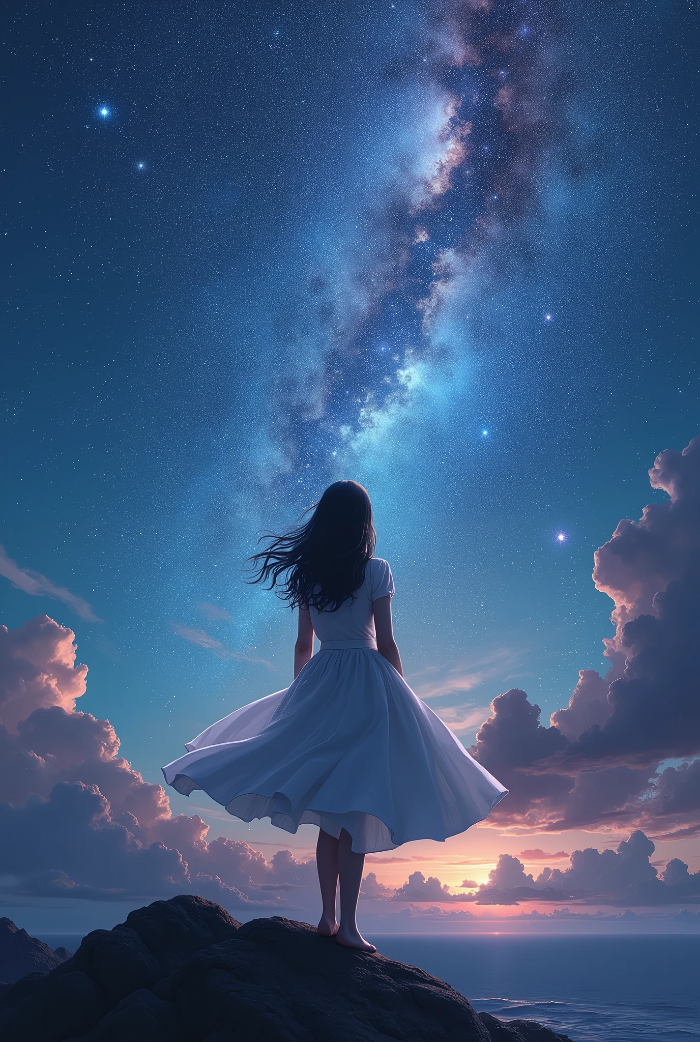 (best quality, 4k, high definition), beautiful girl with enchanting eyes, gazing at the beautiful galaxy, sparkling stars, gentle cosmic colors, ethereal atmosphere, peaceful serenity, celestial wonders, wonderful universe, beauty of stars, romantic stardust, celestial portrait, cosmic perspective, incredible cosmic art, galactic elegance, transcendent charm, celestial goddess, cosmic enchantment, cosmic girl admiring the magnificent galaxy, cosmic dream world, galactic daydream, cosmic masterpiece: 1.2, upper body, long skirt, standing, floating