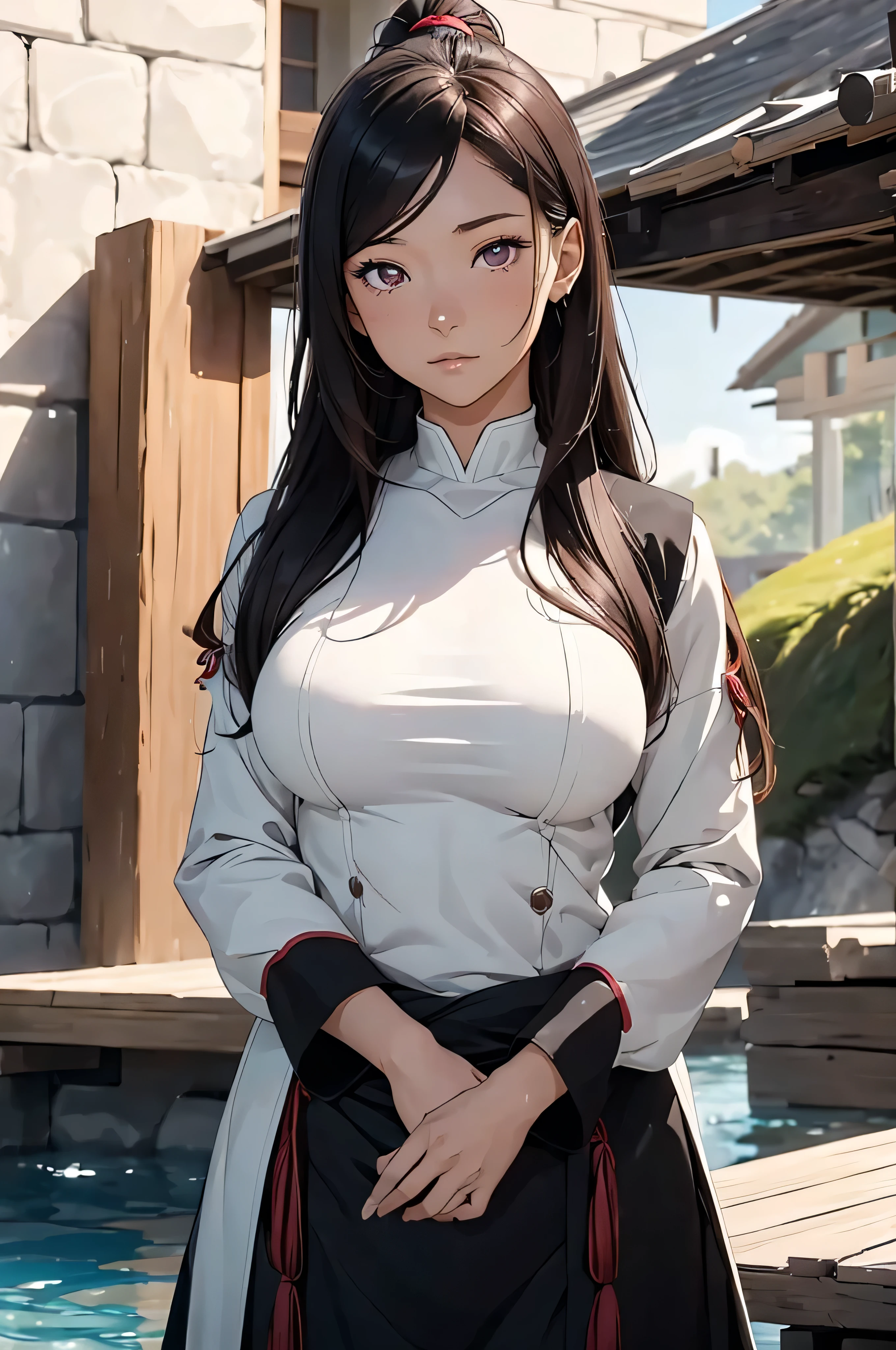 Kanae Hyiori, a beautiful woman from the Water Tribe, has red eyes, long brown hair, Your black skin, she has a toned and strong body, in front of a lush igloo, wearing a standard Water Tribe coat, with a close-up capturing the harmonious beauty between her natural breasts, showing off your natural charm and outgoing personality.