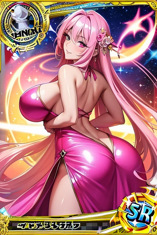 Trading card, sorcerer, sexy pose, big breasts, big ass, iridescent pink sexy dress, pink air