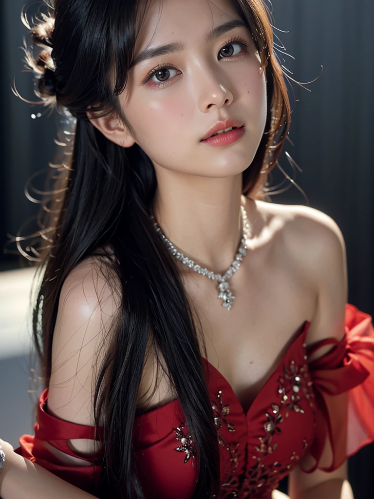 brunette teenager, crying in an apocalyptic world, very big breasts, with a low-cut red dress tight to her body