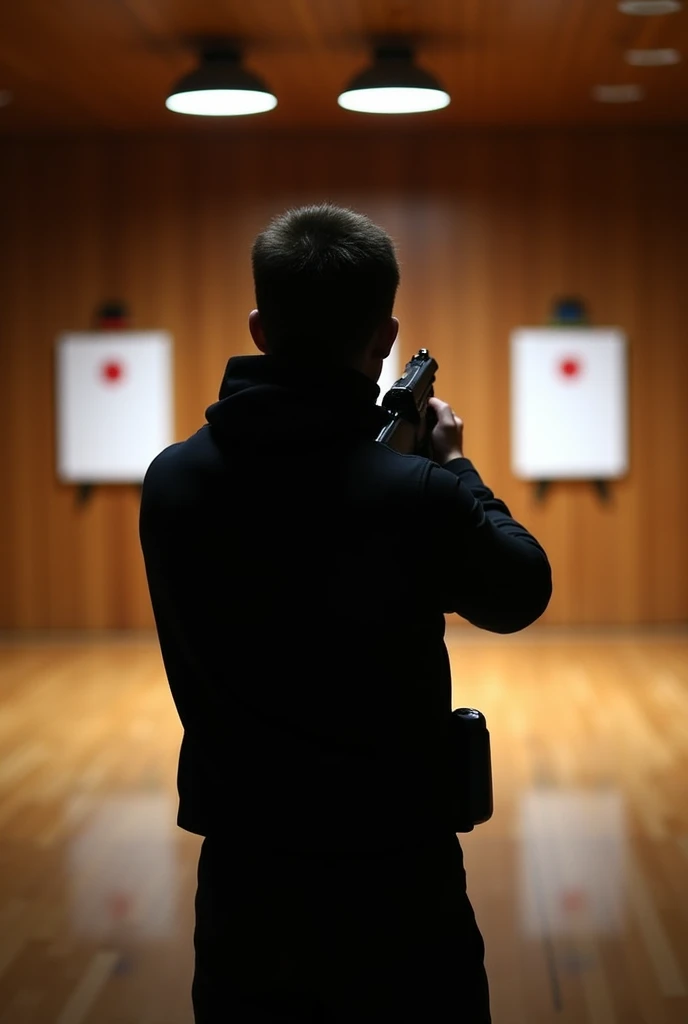 person silhouette (black) Shooting the Olympic air pistol modality at 10 meters within the shooting line (official court of the olympic games) holding an airgun