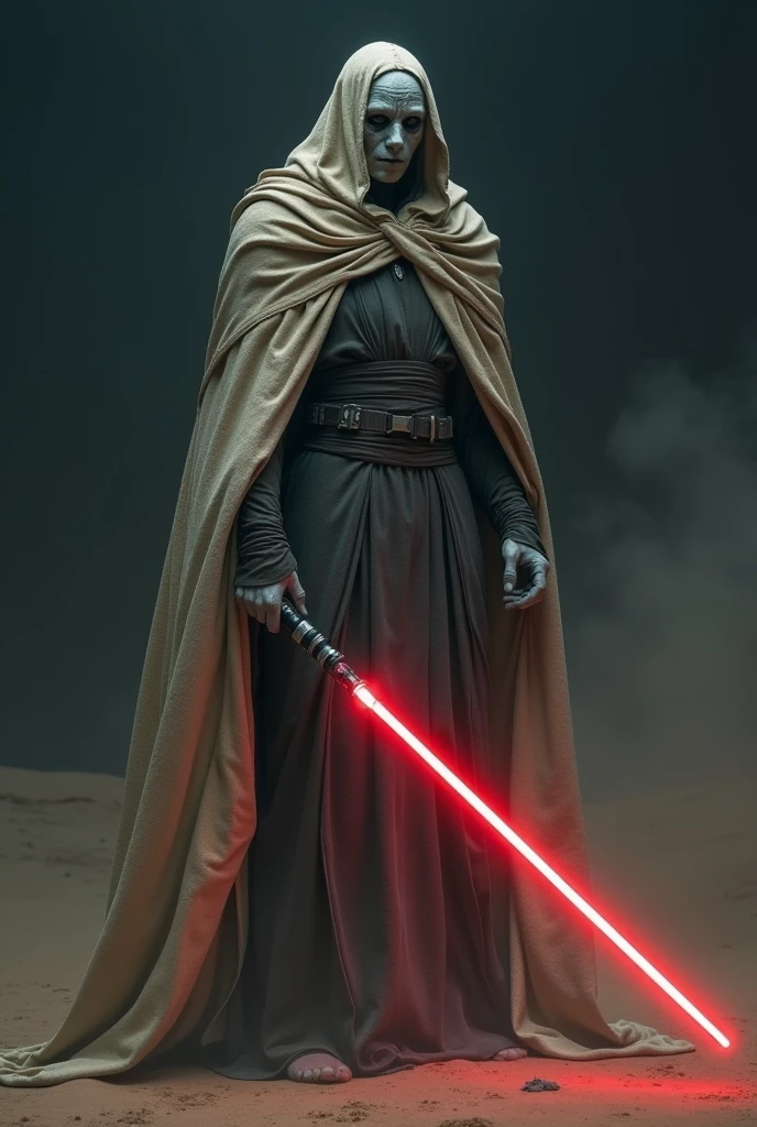 Person, Darth Greyce from Star Wars, he has black eyes, Light gray skin, He is tall and very thin, he looks fragile, has a terrifying Face Full of scars, scary, wears a dirty beige cape, has darkred lightsaber with black handle, background is a dark desert, ultra realistic