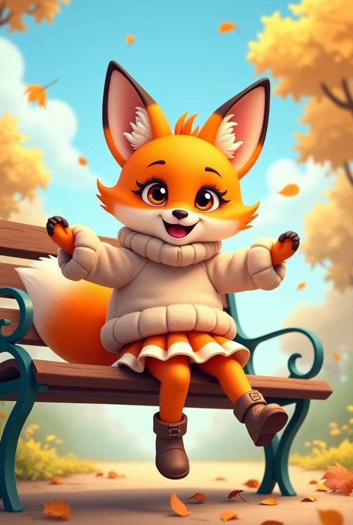 full body cartoon anthropomorphic fox ??? with eyelashes simply wearing a sweater, skirt without underwear, and boots sitting down on a public bench and kicking her legs in the air on a windy day so her skirt lifts up a bit and her lower half is visible.