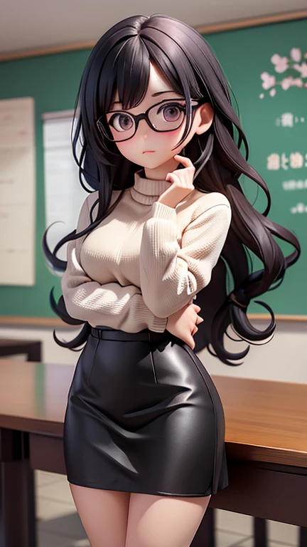 30-year-old woman、female teacher、Glasses、Black Hair,、Perm、Long Hair、Casual wear、Formal look、sweater、Dress shirt、Clothing patterns、Clothing Design、Tight skirt、whole body、
