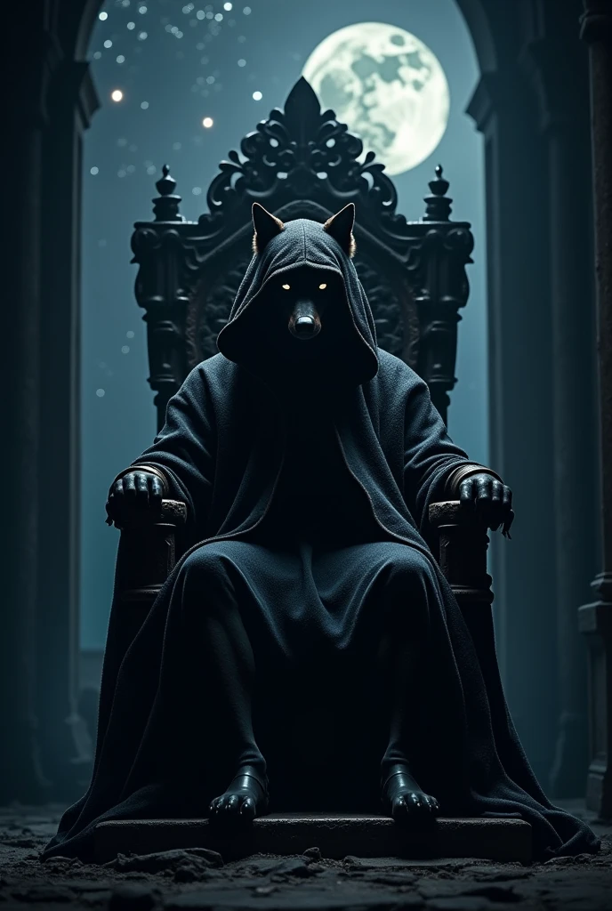 a wolf, in a hooded coat, sitting in a throne, at night, standing alone, with dark background