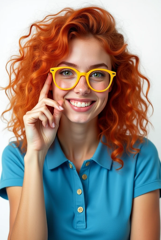 photorealistic, half-length portrait, a fashion smiling young woman, green eyes, red curly hair, freckles. wearing yellow round glasses, with a finger of the right hand touching the glasses, blue polo shirt, white background, high resolution, intricate details, 8k