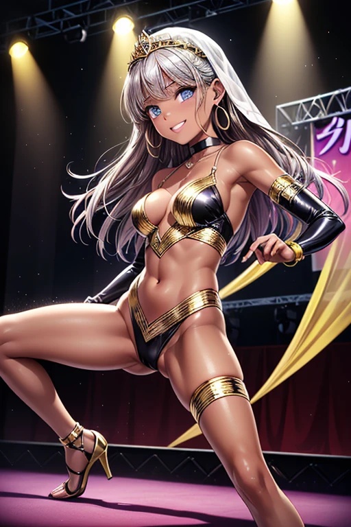 #Basic
A girl posing for a photo, (((One Girl))), (((Baby Face:1.4)) + ((cute:1.4)) + (())),
break
#Clothing Accessories
(((Purple on black)Tribal-style dance costume with gold embellishments:1.6) + (See-through Harem Pants) + (Sheer black elbow gloves with gold embellishments) + (Black Wedding Veil) + (Glossy black high heels) + (Gold Tiara)),
((Gold Fancy Bracelet, Gold Hoop Earrings, Fancy Gold Necklace)), ((Black choker)),
break
#Features
((Silver Hair:1.2)) + ((Center-parted bangs + Bangs that expose the forehead)) + ((Long Hair : Long Hair + Curly hair + Curly Hair + Voluminous Hair)),
((Droopy eyes:1.4, Big eyes:1.2), blue eyes), (Small breasts:1.2), (中立的な顔のFeatures), (Tanned dark skin:1.4),
break
#background environment
((Dance stage illuminated by spotlights:1.4)),
#Facial Expression Pose
((Wicked Smile)), ((Showcasing dynamic and captivating dance moves)),
#composition
((Angle from the front:1.2, Cowboy Shot)),
break
#Body parts elements
(Slim figure),
(Symmetrical facial features),
(Detailed Hair, Beautiful Hair, Shiny Hair),
(double eyelid, Long eyelashes, Thin eyebrows:0.5, Thin eyebrows:0.5),
(Expression of fine eyes, Beautiful and delicate eyes, Sparkling eyes, Eye Reflexes, Glitter Eyeliner),
(Human Ear),
(Beautiful Nose, Thin Nose),
(Glossy Lips, Beautiful Lips, Thick lips),
(Detailed skin, Textured skin, Beautiful Skin, Oily skin),
break
#quality
(((最高quality)), ((masterpiece:1.3)), ((Very detailed))), ((Ultra-high resolution)), ((16K)), ((1080P)), ((Full HD)),
((Anatomically correct)), ((Realistic)), (3DCG), ((Oil painting)),
((comics, anime)), (CG illustration), (RAW Photos),