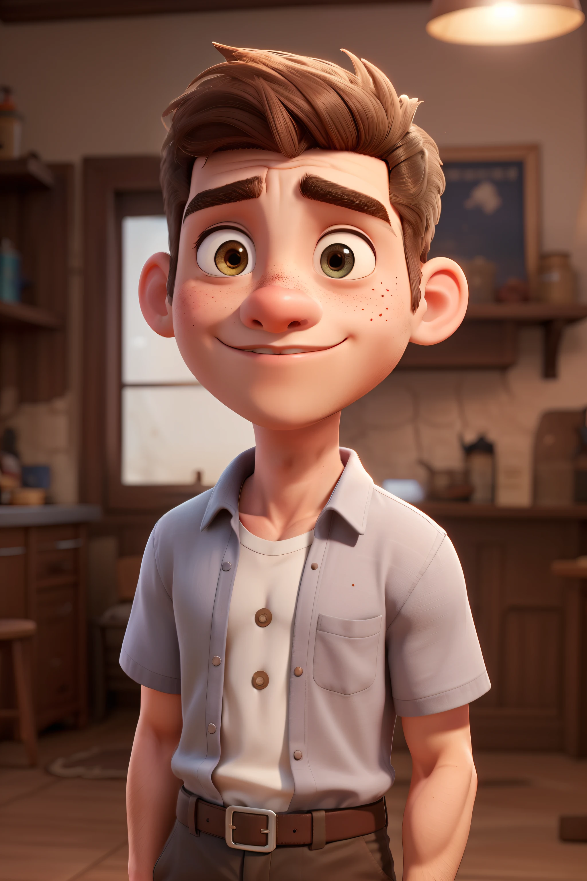 A white man, high with 1,94, short bearded, straight hair combed to the right, brown dark eyes, Pale blush on her cheeks