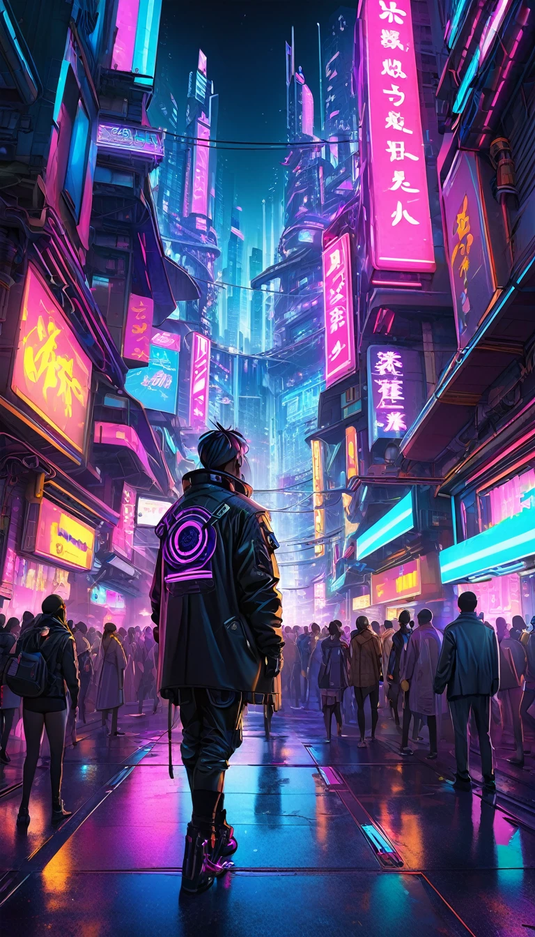 A cyberpunk city street scene with full of neon lights, and futuristic buildings, featuring a man back view from rooftop. The atmosphere is vibrant and bustling with people in high-tech attire, high resolution, captured in crisp detail, The background features a neon-lit cityscape, giving the cyberpunk atmosphere a touch of intimacy and tenderness, eye-level camera angle --s 250 --v 6.0 --no 3D effect, photorealistic.