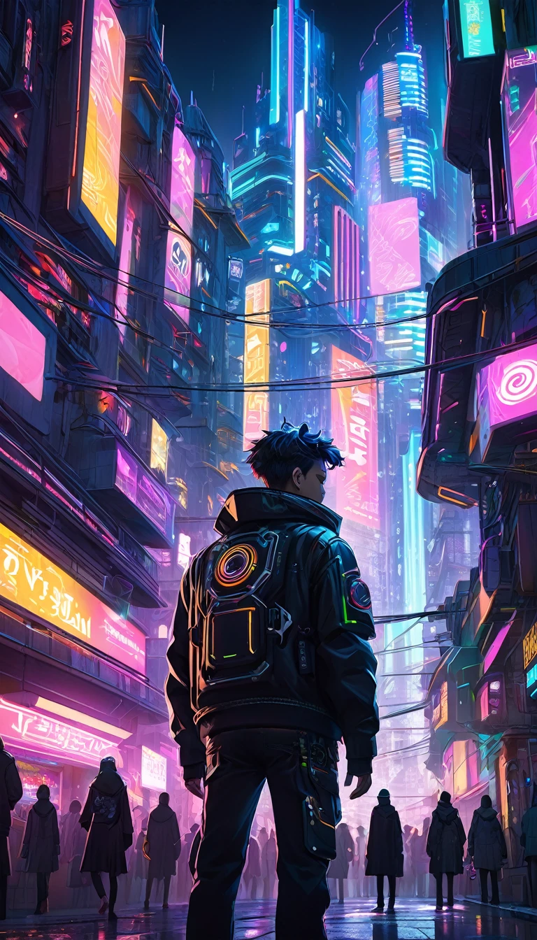 A cyberpunk city street scene with full of neon lights, and futuristic buildings, featuring a man back view from rooftop. The atmosphere is vibrant and bustling with people in high-tech attire, high resolution, captured in crisp detail, The background features a neon-lit cityscape, giving the cyberpunk atmosphere a touch of intimacy and tenderness, eye-level camera angle --s 250 --v 6.0 --no 3D effect, photorealistic.