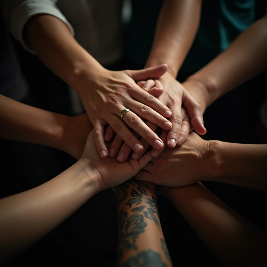 Close-up of Hands, hands on hands put together, Team members encourage each other. Beautiful cinematic lighting, RAW photo, color graded, dynamic movement, (captivating chiaroscuro:0.1), award-winning, cinematic still, emotional, vignette, dynamic, vivid, (masterpiece, best quality, photorealistic, Professional, perfect composition, very aesthetic, absurdres, ultra-detailed, intricate details:1.3)