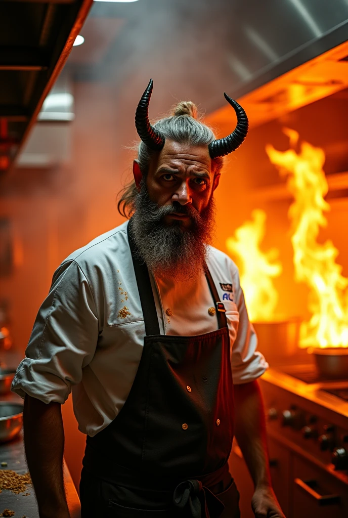 A devil with small horns, gray hair, and a thick beard, dressed as a chef with crossed arms and a piercing gaze, a demonic grin on his face, standing in a burning hotel kitchen.