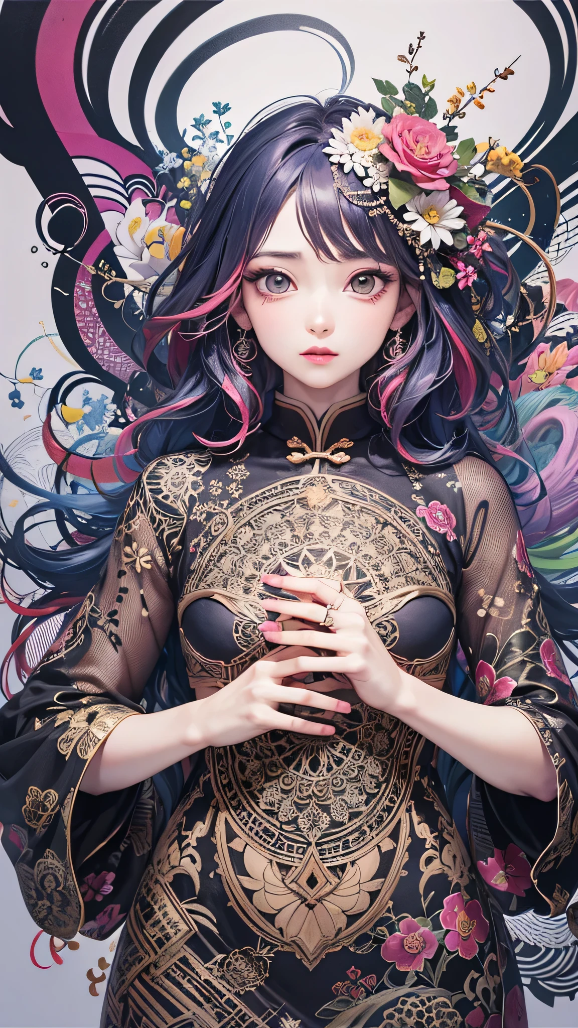 Official Art, unity 8k wallpaper, Super detailed, beautifully、aesthetic, masterpiece, Highest quality, Chinese style, (zenTangle, Mandala, Tangle, enTangle), Flower Ecstasy, One person, Very detailed, Dynamic Angle, Cowboy Shot, The most beautiful form of chaos, elegant, Brutalist design, Vibrant colors, Romanticism, James Jean, Robbie Dowie Anton, Ross Tran, Francis Bacon, It was freezing cold, Adrian's genius, Petra Cortright, Gerhard Richter, takato yamamoto, Ashley Wood, Atmospheric