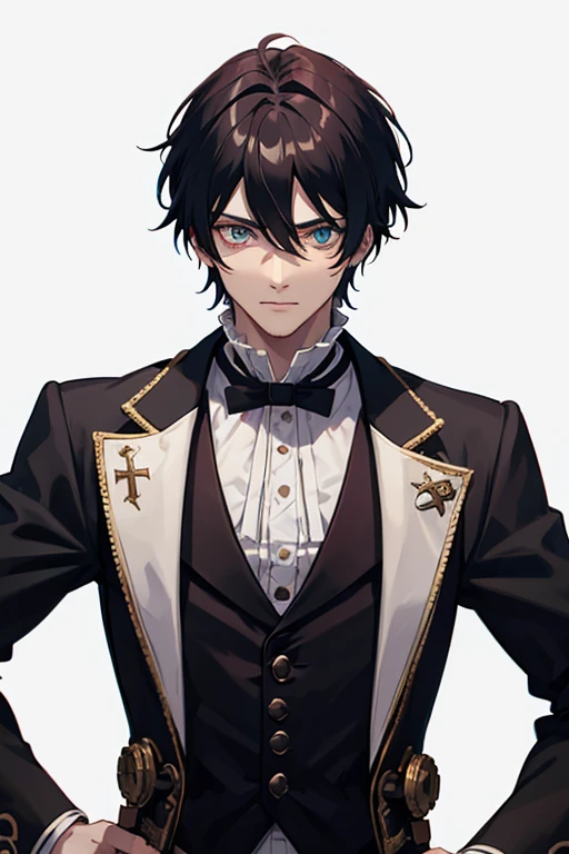 Jack the Ripper from Ragnarok, a 30-year-old priest, has short red hair and messy eyes with heterochromia, right eye, blue, left eye, green. He is a tall, muscular man, wearing a gray Victorian-era formal suit with a white shirt underneath and a blood-red steampunk top hat. with a cross on his chest, wearing a gold crucifix necklace and looking directly at the viewer, with a white background.