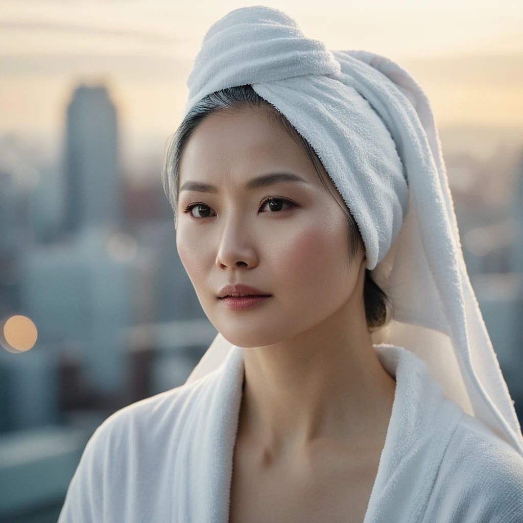 cinematic film still of bright light, bright, a Asian woman with a white towel on her head High-key lighting Style, 1girl, solo,long hair,gray hair, elder, 50 years old, looking at v iewer, city background, wearing a pajamas,city background,bare shoulder s,white hair,lips,makeup,pale skin,realistic,white them e, shallow depth of field, vignette, highly detailed, high budget, bokeh, cinemascope, moody, epic, gorgeous, f ilm grain, grainy